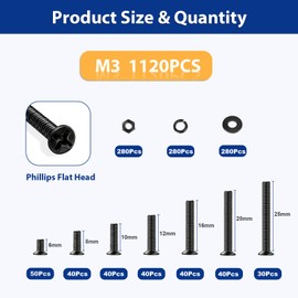 Kernmax 1120Pcs M3 Countersunk Screws Kit, M3 Flat Head Screws, Phillips Bolts Nuts Washers Set for 3D Printers, Electronics, Machinery & DIY Projects, Length 6MM-25MM, Zinc Plated
