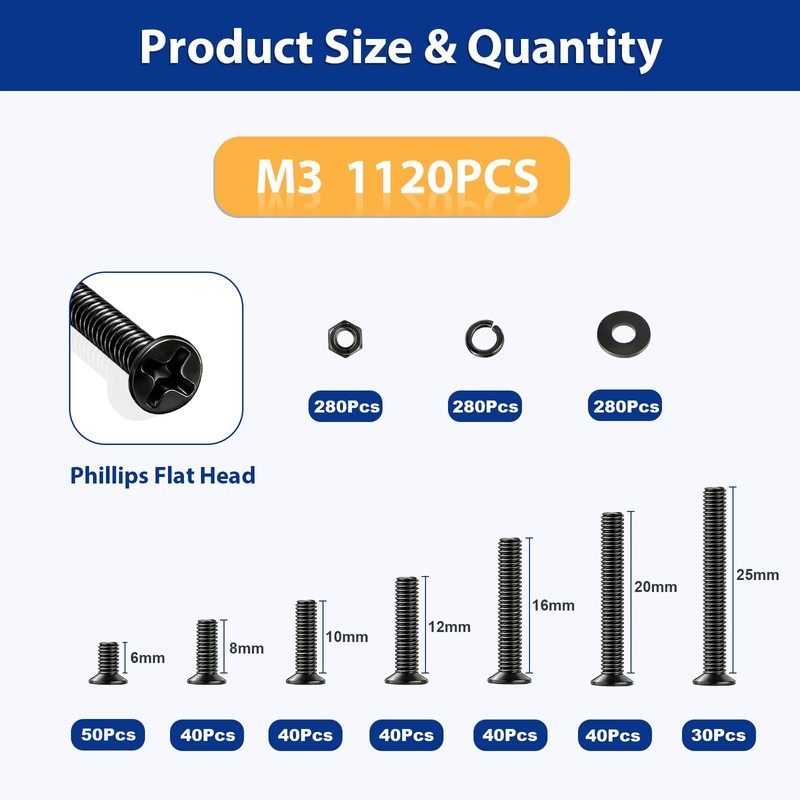Kernmax 1120Pcs M3 Countersunk Screws Kit, M3 Flat Head Screws,