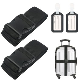 2PCS Luggage Straps and 2pcs Luggage Tags Adjustable Travel Luggage Belts Packaging Bag Buckle Belt Multi-colours Straps choices for suitcase, bag, boxes (Black)