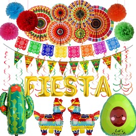 Mexican Party Decorations Fiesta Themed - 32Pcs Cinco De Mayo Party Supplies including Crepe Paper Streamer Multicoloured Fans Pom Poms Flowers Pennant Banner for Day of the Dead Decoration