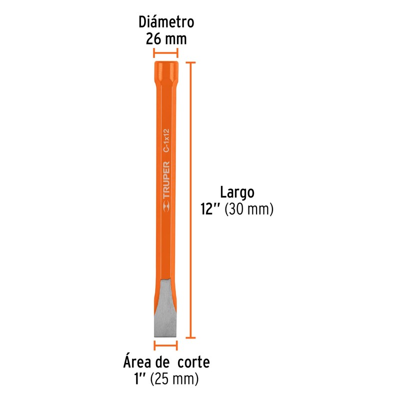 Truper C-1X12, Cincel de corte frío, acero al cromo vanadio,