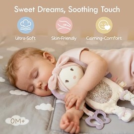 Moonkie Baby Lovey with Silicone Teether, Bunny Security Blanket with Textured Ribbons, Crinkle Toys, Soft Minky Velour & Natural Cotton, Newborn Girl