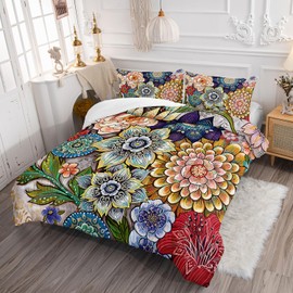 Nttopship 3 Piece Boho Floral Bedding Set,Colorful Flowers Comforter Set,Bohemian Reversible Down Alternative Bed Sets,Full Size Soft Microfiber Flower Duvet Vintage Bedding in a Bag for Women Men