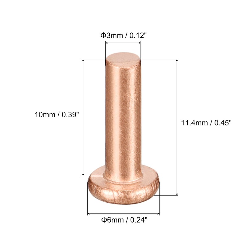 sourcing map 100Pcs Copper Solid Rivets, 1/8" x 25/64" Flat