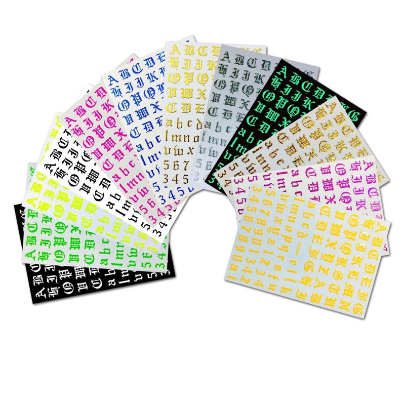 12 Sheets Old English Alphabet Letter Number Nail Art Sticker