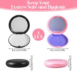 Nogeqi 2 Stück Zahnspangendose, Zahnprothesen Box, Zahnspangenbox, Zahnschienenbox mit Spiegel, Retainer Case Gebissdose Prothesendose (Schwarz & Rosa)