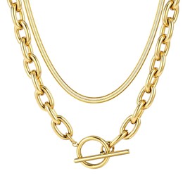 Sanfenly 18k Chunky Gold Necklace for Women Sweatproof, Non Tarnish Chunky Layered Chain Necklaces Thick Gold Layering Herringbone Paperclip Stacks Toggle Necklaces for Women Men