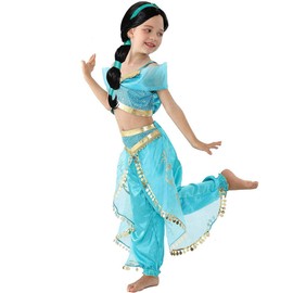 Girls Jasmine Costume Arabian Princess Jasmine Cosplay Costume with Wig Halloween Party Dress up Costume for Kids (140(7-8T))