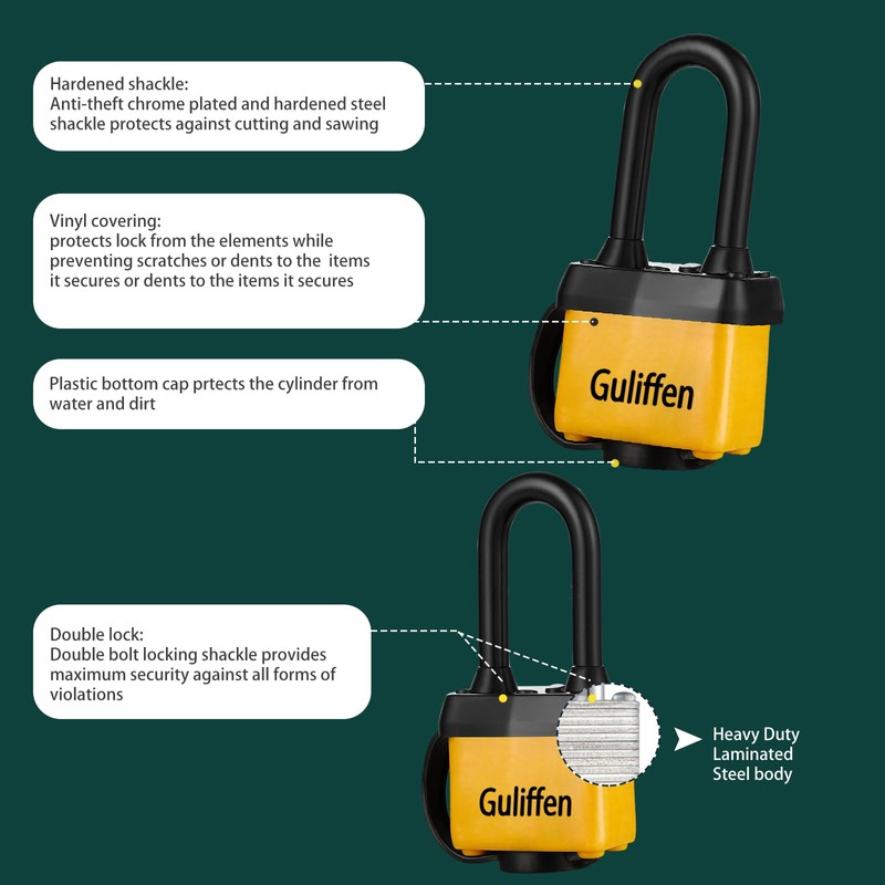 Guliffen Weatherproof Laminated Steel Padlock with Same Key, Outdoor Padlock