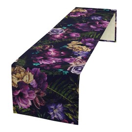 Gothic Flower Table Runner, Watercolor Vintage Dark Purple Floral Romantic Flower Blooming Table Runner for Home Kitchen Dining Table Decor, 13x90inch