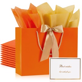 PASEOTA 12.6" Gift Bags Medium Size Set of 10 - Includes Tissue Paper, Cards & Ribbons, Luxury Gift Bags with Handles for Thanksgiving Wedding Birthday (12.6" x 9.8" x 4.3", Orange)