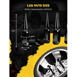 TIROL Black 24pcs M14X1.5 Spike Lug Nuts, Compatible with 07-17 Sequoia/Tundra, 95-17 Silverado/Sierra 1500, 12-17 Ram 1500/Grand Cherokee, One-Piece Design Factory Acorn Wheel Nuts with Socket Key