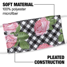 Pink Roses Flowers And Checks 1-Ply Reusable Face Mask Covering with Adjustable Nose Wire, Unisex