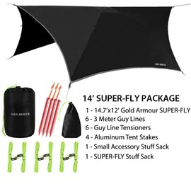 Gold Armour Rainfly Tarp for Hammock and Tent, Waterproof Lightweight Camping Accessories, Survival Gear, Black