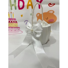 Moovul 1pc Flower Girl Flower Basket with Pearl Handle for Weddings Bow Satin Flower Basket Cute Cherish Fairy Flower Basket