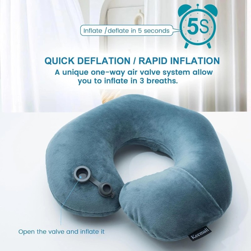 Keemall Inflatable Travel Neck Pillow for Airplane Train Car Washable
