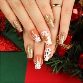 Ceboic Pack of 24 Christmas Press On Nails Short, Ballerina French Gold Shiny Artificial Nails, Acrylic Nails for Sticking with Christmas Tree, Full Cover Fingernails, Fake Nails for Women