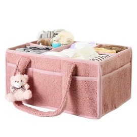 HONCESTA Baby Diaper Caddy Organizer, Baby Basket for Diaper Wipe, Nursery Storage Bin for Changing Table, Car Diaper Caddy Organizer with Handle, Diaper Bag Organizer, Pink