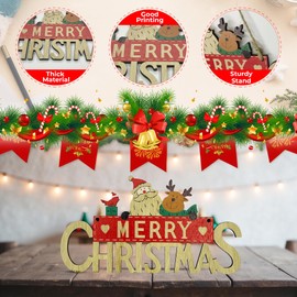 Trimming Shop Wooden Merry Christmas Plaque Sign Christmas Door Wall Hanging Sign Reindeer Santa Design Christmas Ornaments for Ceiling Window Home Room Indoor Outdoor Decorations