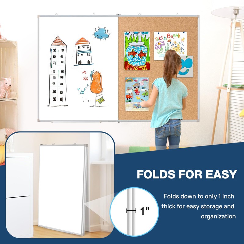 Large White Board Dry Erase Foldable Cork Board Combo, 48"