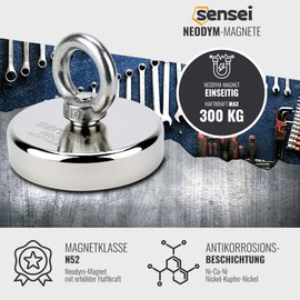 SENSEI Magnet 300 kg, N52 Neodymium Magnet with Top Eyelet, Diameter 8 cm x Height 1.8 cm, Very Strong Neodymium Eyelet Magnet for Home, Workshop, for Magnetic Fishing in Water