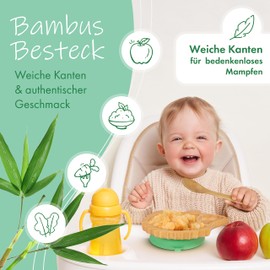 BABYLOVIT Baby Crockery Set with Suction Cup, Stress-Free Meals with Bamboo Children's Plate, Bowl & Children's Cutlery, Baby Crockery Non-Slip Perfect for Learning to Eat Phase