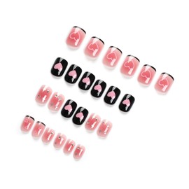 Vezocim Press on Nails Short Square 24Pcs Black French Press on Nails Coffin with Pink Heart Designs Glossy Full Cover Acrylic Short False Nails Glue Fingernails Artificial Fake Nails for Women Girls