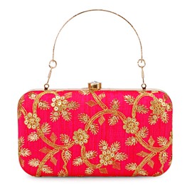 LONGING TO BUY Hand Crafted Designer Box Clutch For Women, Zari Embroidery Clutch For Women/Hand Clutch For Women, Hot Pink, Wedding Clutch