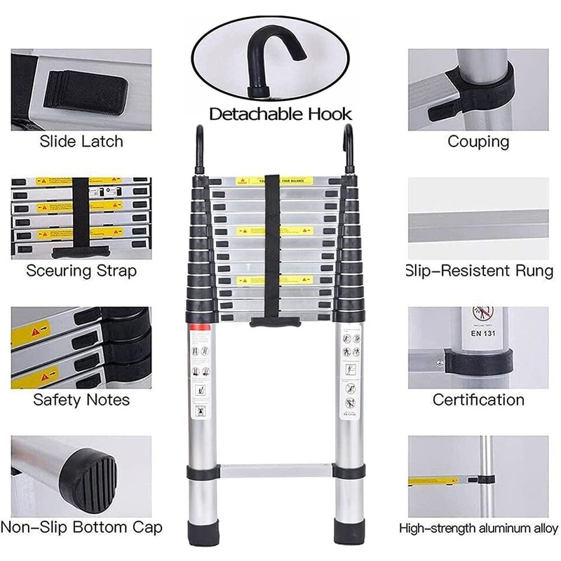 5M/16.5FT Telescoping Ladder with Detachable Hooks,Aluminum Extension Foldable Telescopic Ladder,Portable