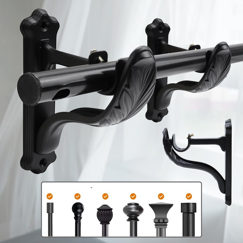 Tsnamay 2Pcs Double Curtain Rod Brackets Rod Holders,Black Retro Wall