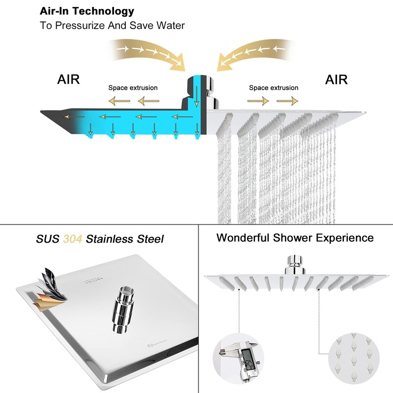 NearMoon Rain Shower Head, High Flow Stainless Steel Square Rainfall