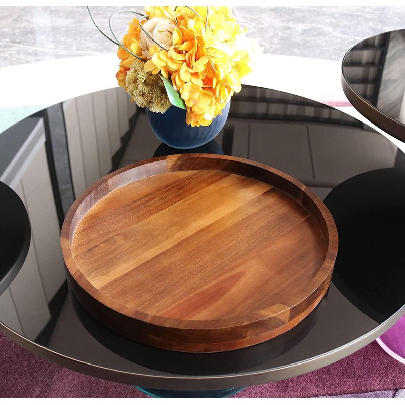 Acacia Wood Round Serving Tray, 13.8" Charcuterie Board with Rim,