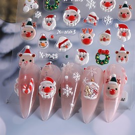 5D Christmas Nail Art Stickers Embossed Self Adhesive Nail Decal Red Hat Santa Claus Snowflake Nail Design Xmas Winter Snowmen Elk Candy Nail Supplies for Women New Year Nail Decoration Accessories
