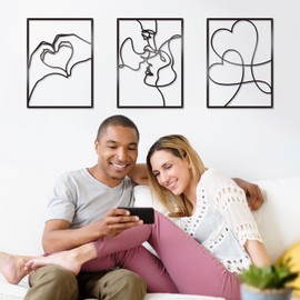 KOYILTD 3 Pcs Metal Minimalist Wall Art Love Wall Decor Metal Line Wall Art Bedroom Decor for Couples Love Decoration for Bedroom Living Room Bathroom Valentine's Day Decoration (Black)