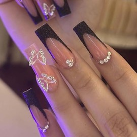Foccna Artificail - Uñas postizas extralargas a presión con diamantes de imitación, color negro mariposa con purpurina francesa, uñas postizas de cobe