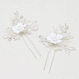 Oriamour 2Pcs Bridal Hair Accessories,Gold Wedding Hair Pins Pieces With White Flowers for Brides Rhinestones Hair Jewelry For Women and Girls Hair Clips For Wedding (Silver, 3.5'')