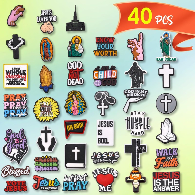 40Pcs Jesus Shoe Decoration Charms for Croc Clog, Religious Cross