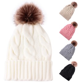 Women Winter Warm Beanie Hat Knitted Cap with Pompom Snow Knit Skull Ski Cap for Women Girls (White)