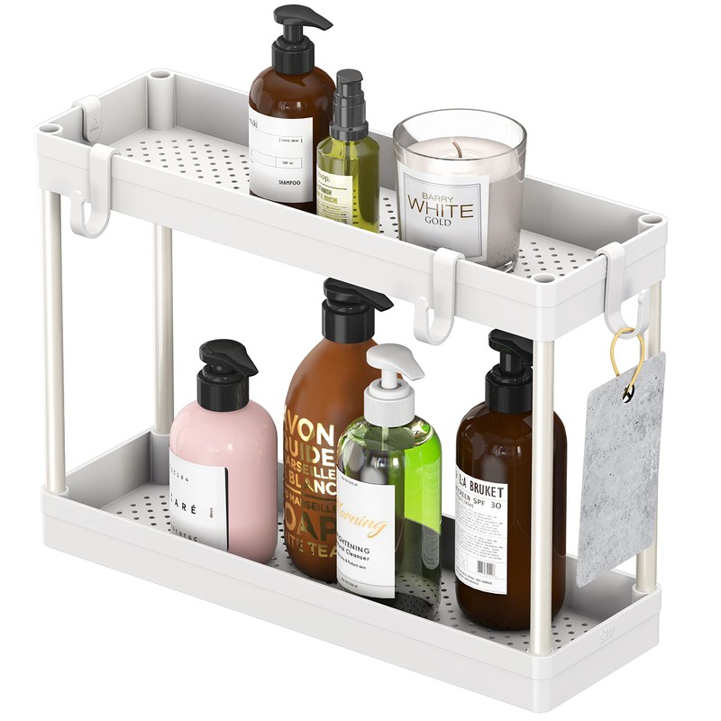 Simple Houseware 2-Tier Under Sink Organizer Storage Tray with Hooks,