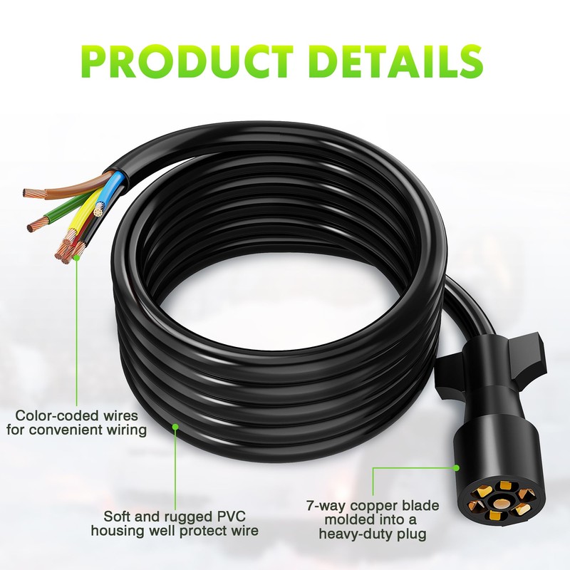 WOLFWILL 7 Pin Trailer Wire Plug, 10ft 7 Way Trailer