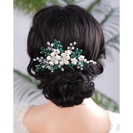 BERYUAN Silver Flowers Pearls Crystal Rhinestone Hair Comb Green Teardrop Crystal Rhinestone Pearls Wedding Headband Silver Wedding Hair Accessories for Wedding Women Girls (green)