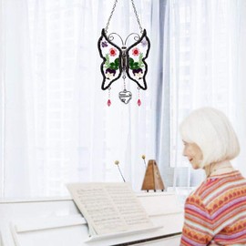 Precious Grandmother Butterfly Suncatcher Wind Chimes Gifts for Grandma, Pressed Flower Between Glass Metal Engraved Charm, Mother's Day Grandma Birthday Christmas Gifts from Granddaughter Grandson