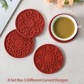 Colinda Silicone Coasters for Drink, 6 Pack Coasters with Holder, Cup Mat Set for Hot and Cold Drink and for Table Top Protection,Bar Coasters,3 Patterns for Home Office Decor,Merlot Red