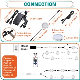 Lvyinyin Kitchen Cabinet Undereath Light Kit, Backsplash Back Lighting, 110V Plugged in & Hardwired, RF Remote Control Dimmable, Linkable, Dual Split, Black Wires, Warm White 2700K,6 Lights