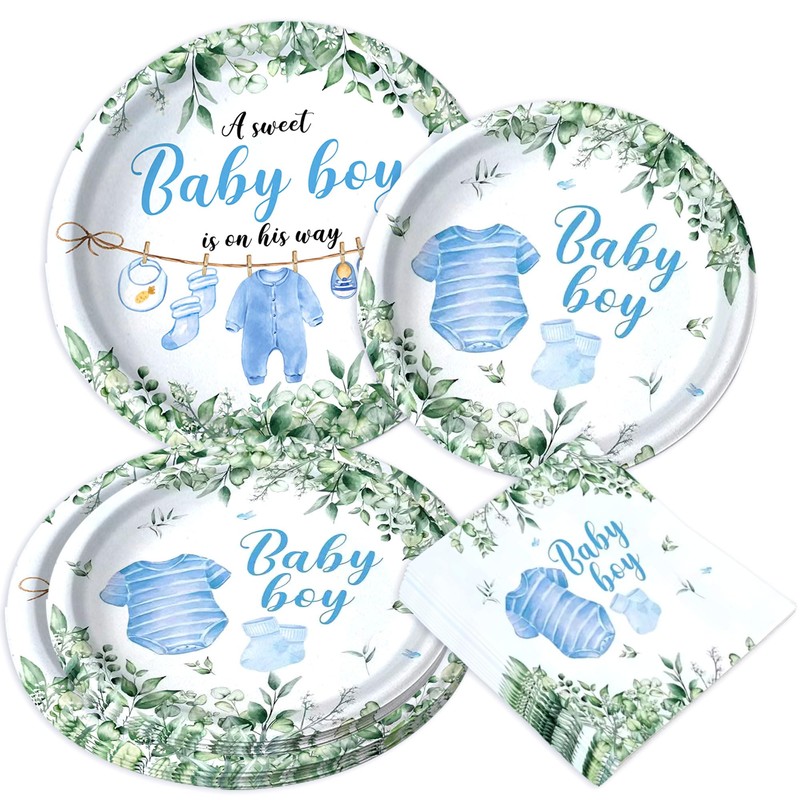 Greenery Baby Shower Plates Napkin Blue Baby Boy Party Tableware