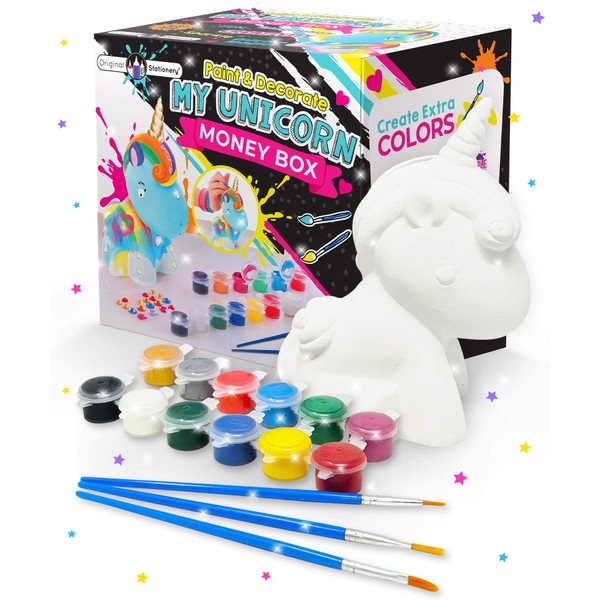 Original Stationery Decorate and Paint Your Own Unicorn Money Box - Kids Paint Set Birthday Gift for Girls with 21 Gems, 12 Non Toxic Colors and More!