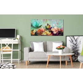 GUGIKA Lotus Flower Wall Art for Living Room, Floral Canvas Wall Decor for Bedroom, Colorful Print Paintings, Size 20x40 Inches