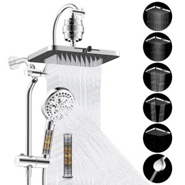 Hibbent 5-spray Filtered Rainfall Shower Head Combo, High Pressure 13'' Showerhead with 10 Spray Modes Handheld, All Metal 3 way Diverter Shower Arm, 71'' Hose and Holder, Chrome