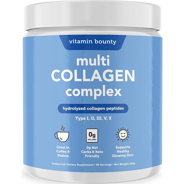 Multi Collagen Complex Powder - Hydrolyzed Collagen Peptides - Type I,II,III,V & X - 0g net Carbs - Unflavored - Vitamin Bounty