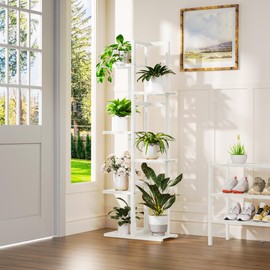 ROMGUAR CRAFT 6 Tier Bamboo Plant Stand Indoor, Wood Tall Flower Holder Corner Tiered Plant Shelf for Multiple Plants (White)